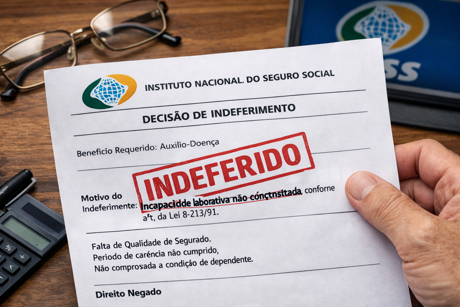 Carta de indeferimento do INSS com carimbo vermelho “Indeferido” sobre o documento, simbolizando benefício negado e a necessidade de recurso administrativo.